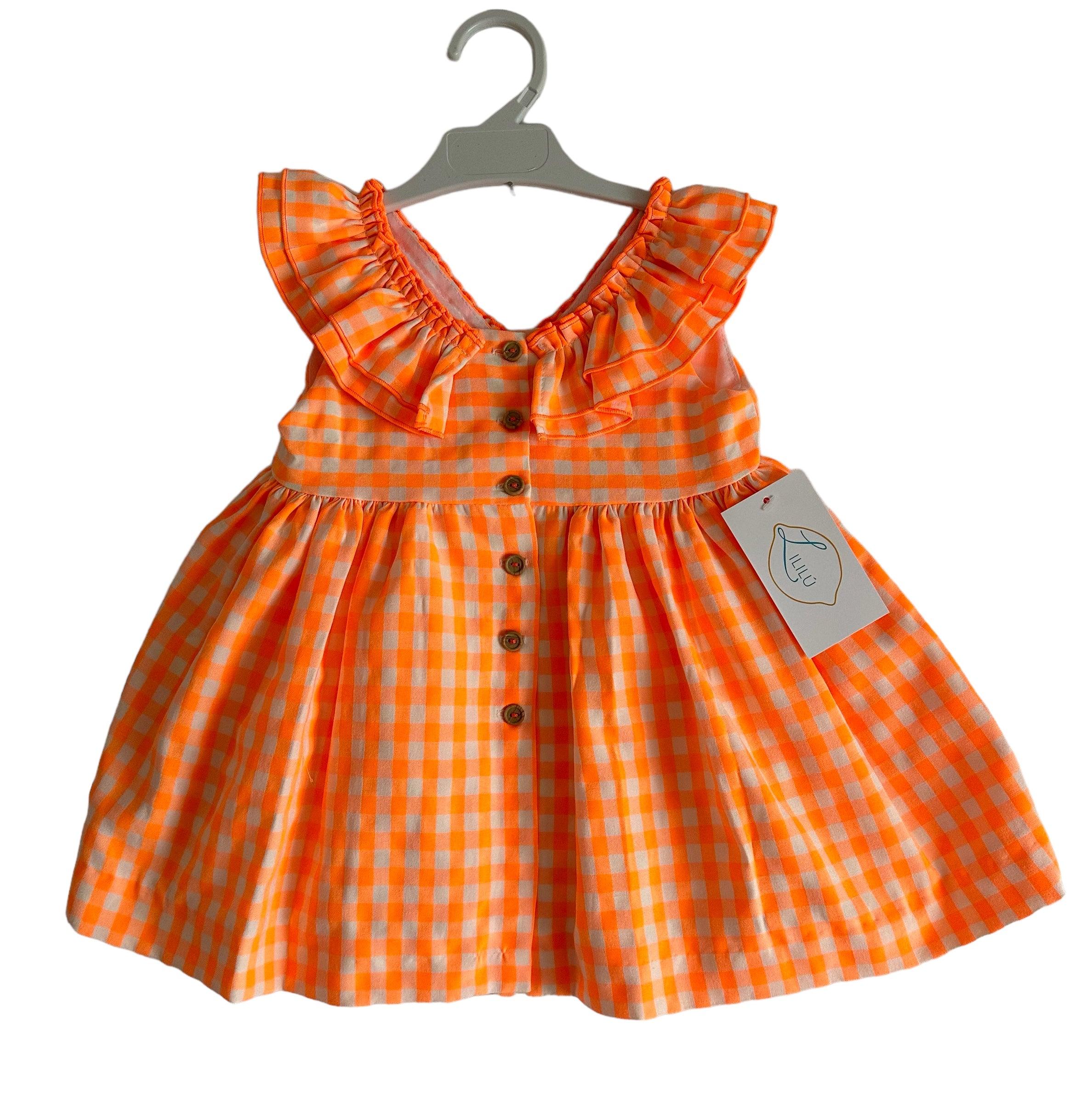 El Copo Lililu SS24 - Girls Neon Orange Check Summer Dress - Mariposa Children's Boutique