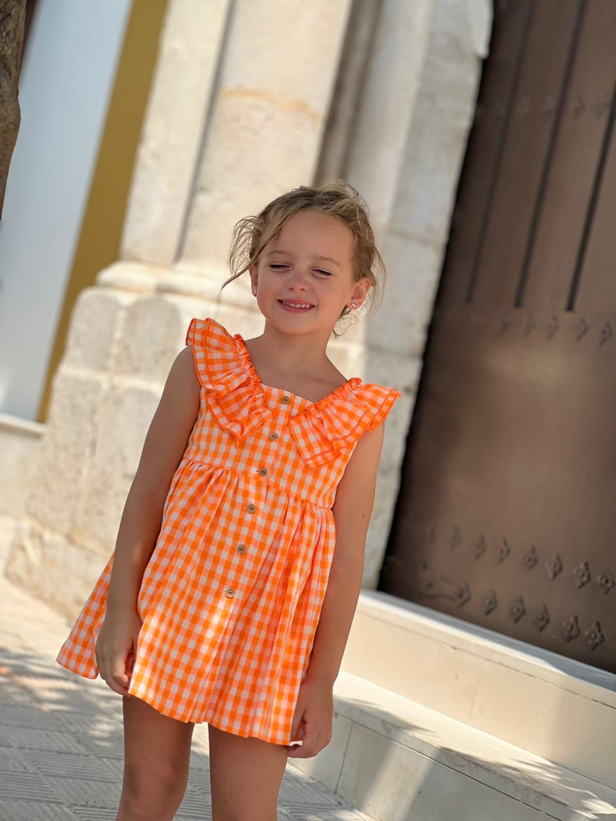 El Copo Lililu SS24 - Girls Neon Orange Check Summer Dress - Mariposa Children's Boutique