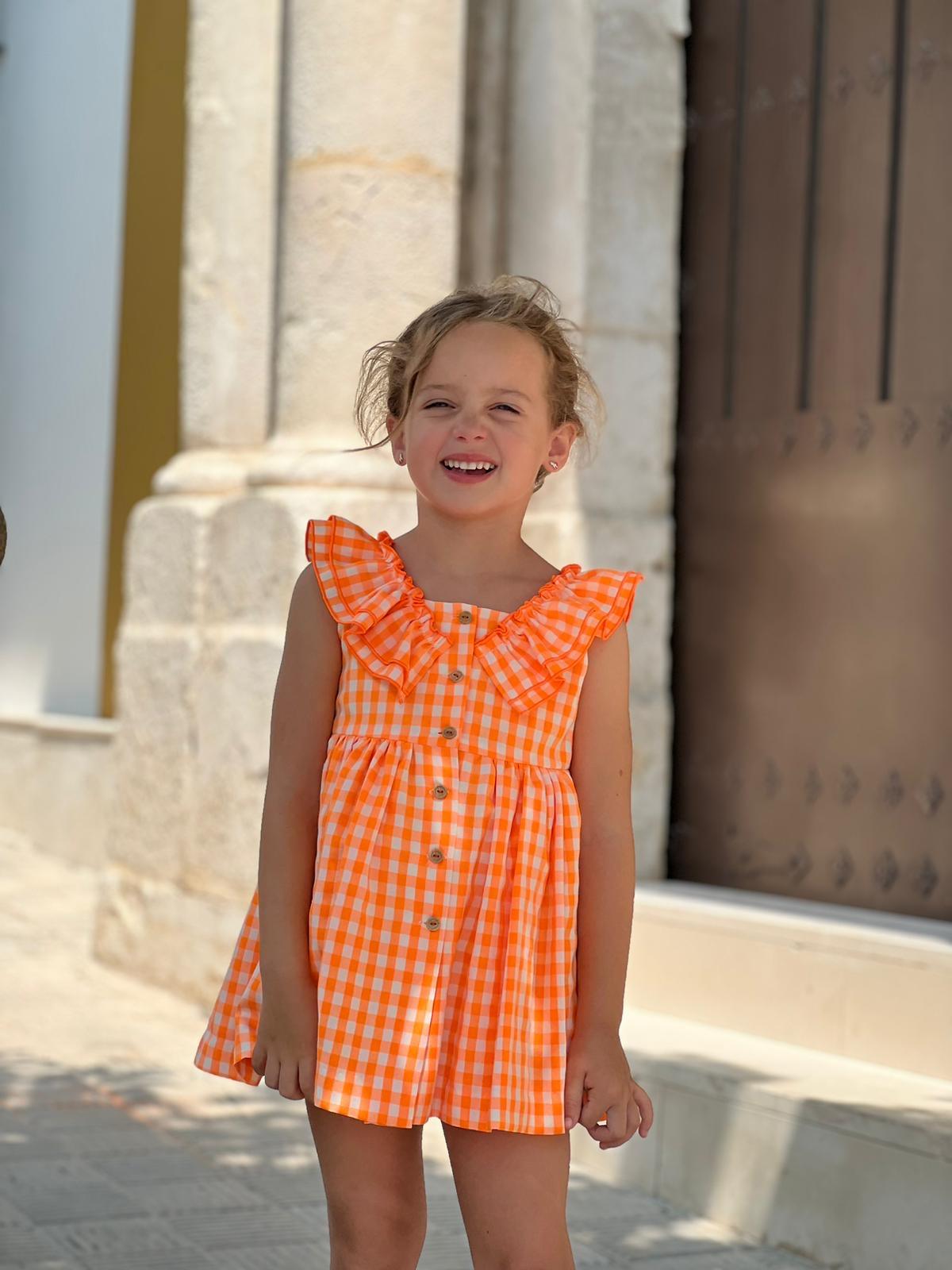 El Copo Lililu SS24 - Girls Neon Orange Check Summer Dress - Mariposa Children's Boutique