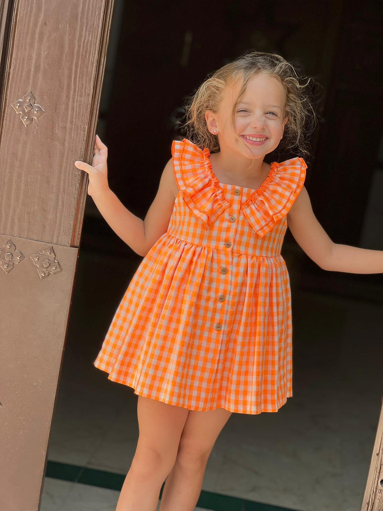 El Copo Lililu SS24 - Girls Neon Orange Check Summer Dress - Mariposa Children's Boutique