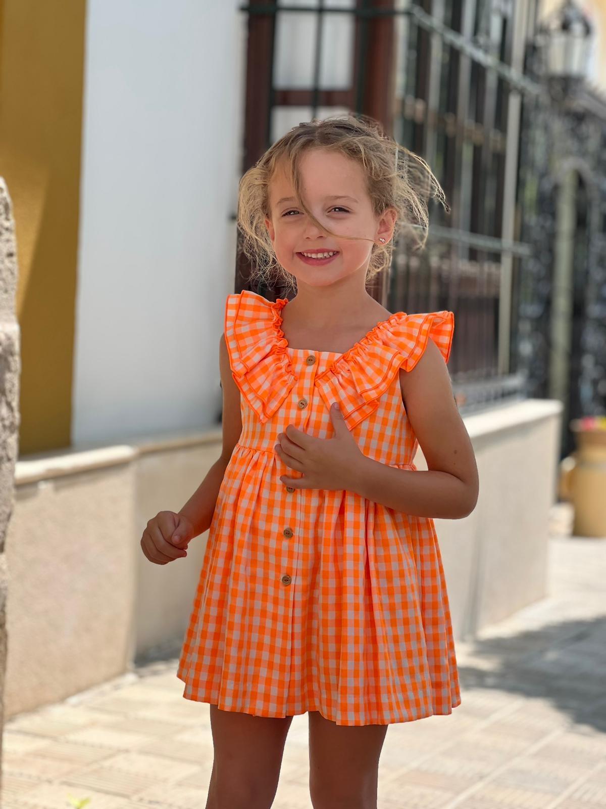 El Copo Lililu SS24 - Girls Neon Orange Check Summer Dress - Mariposa Children's Boutique