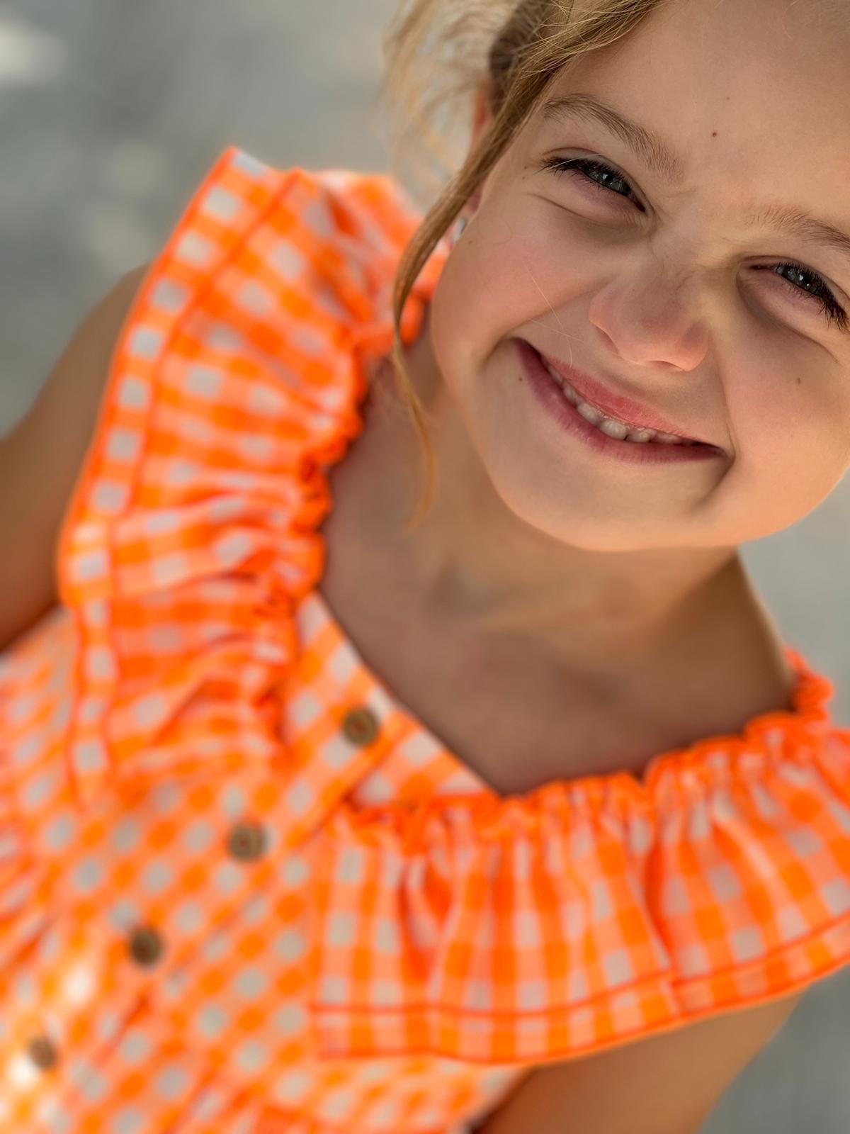 El Copo Lililu SS24 - Girls Neon Orange Check Summer Dress - Mariposa Children's Boutique