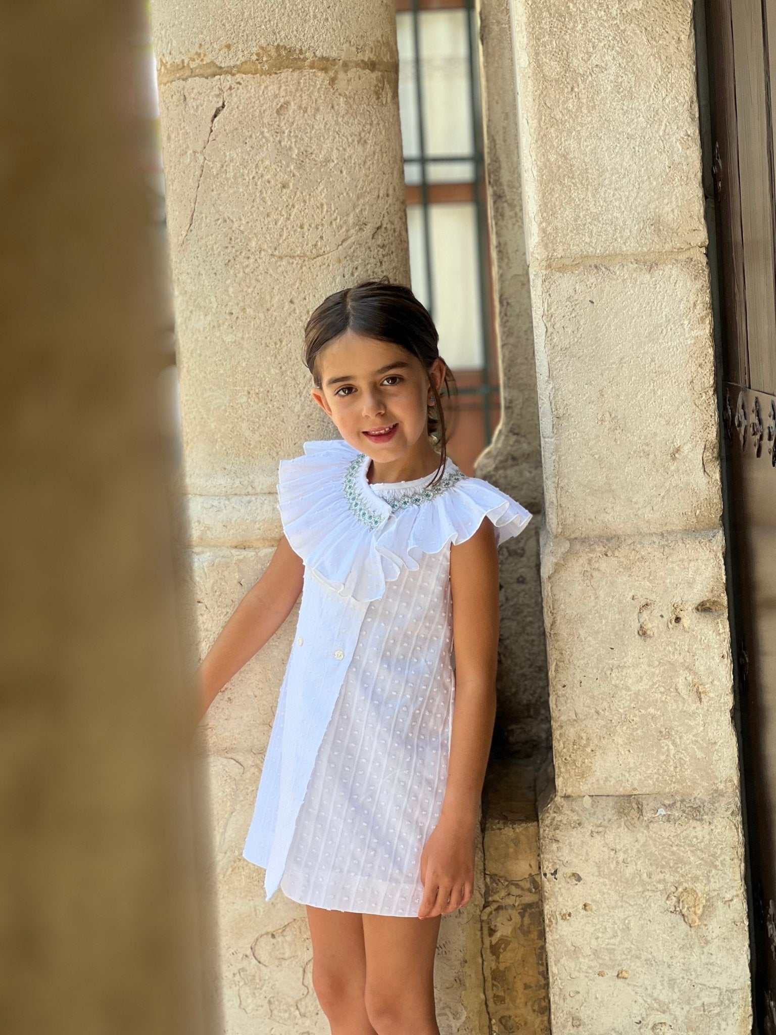 El Copo white dress smocked collar summer girls dress