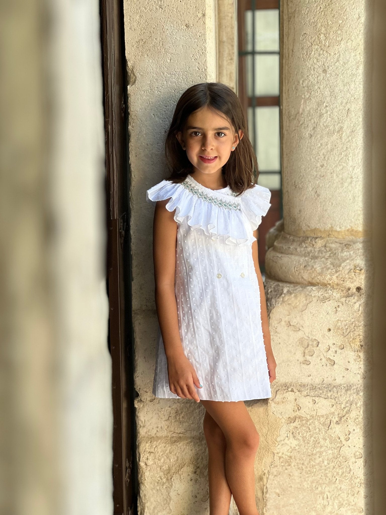 Girls white Spanish dress with ruffle collar El Copo