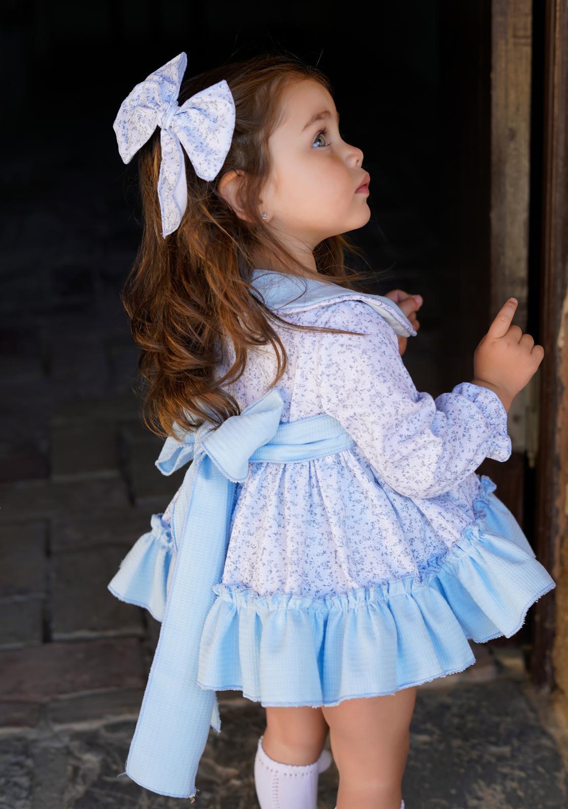 Ela Confeccion AW24 Made-to-Order - Girls Baby Blue Floral Print 3pc Dress - Mariposa Children's Boutique