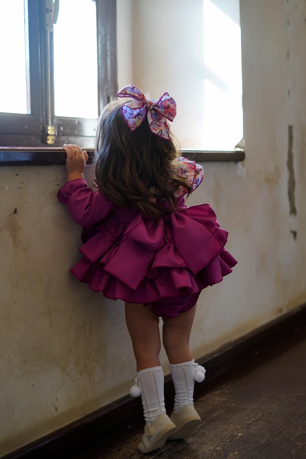 Ela Confeccion AW24 Made-to-Order - Girls Purple Ruffle 3pc Dress with Floral Collar Detail - Mariposa Children's Boutique