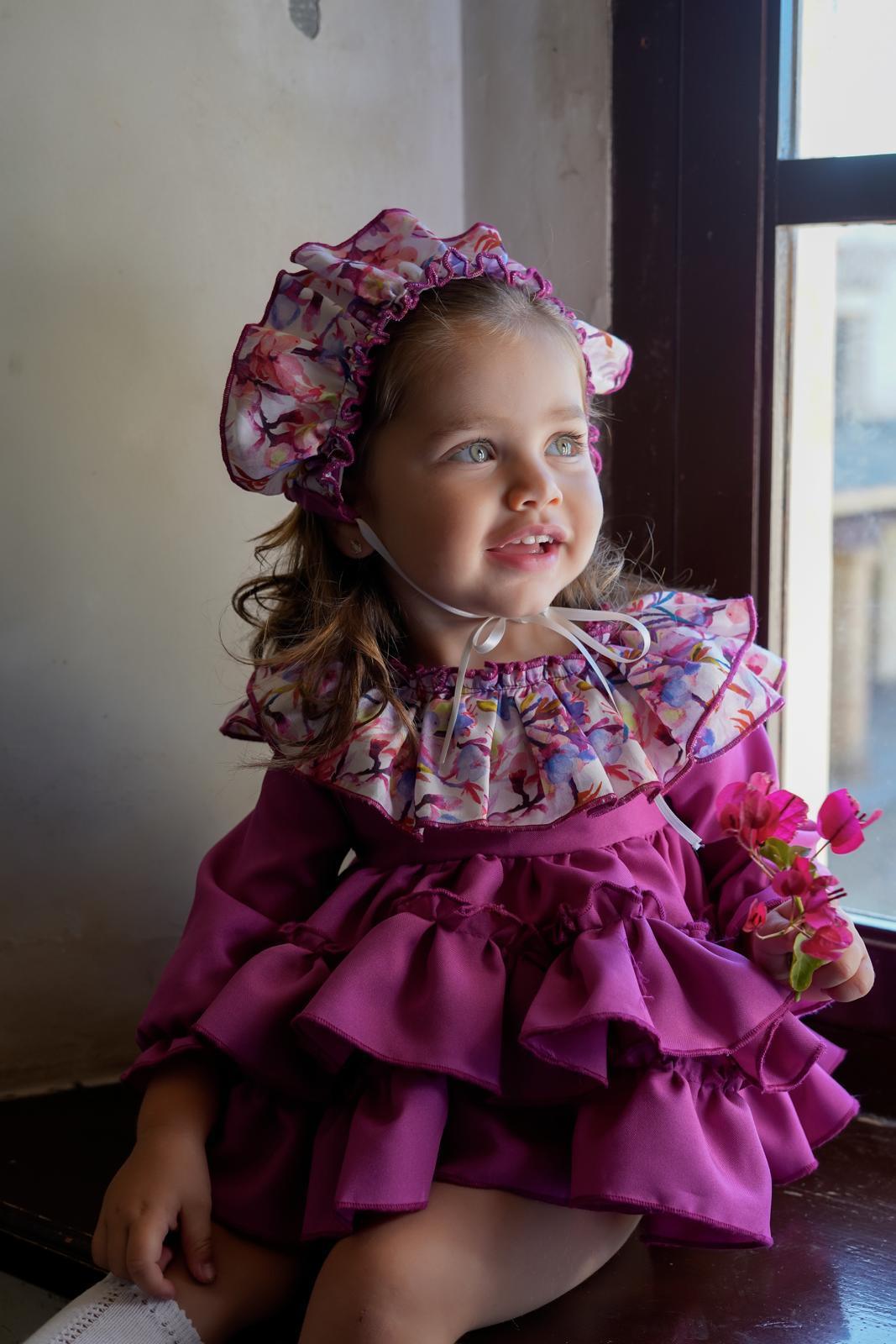 Ela Confeccion AW24 Made-to-Order - Girls Purple Ruffle 3pc Dress with Floral Collar Detail - Mariposa Children's Boutique