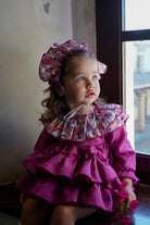 Ela Confeccion AW24 Made-to-Order - Girls Purple Ruffle 3pc Dress with Floral Collar Detail - Mariposa Children's Boutique