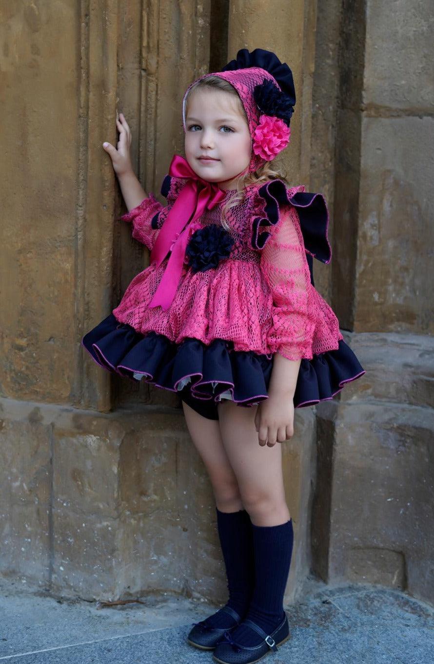 Ela Confeccion AW24 PRE-ORDER - Gabriella Fuchsia Pink & Navy Dress & Knickers - Mariposa Children's Boutique