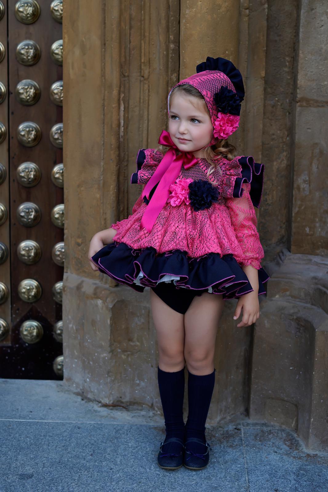 Ela Confeccion AW24 PRE-ORDER - Gabriella Fuchsia Pink & Navy Dress & Knickers - Mariposa Children's Boutique