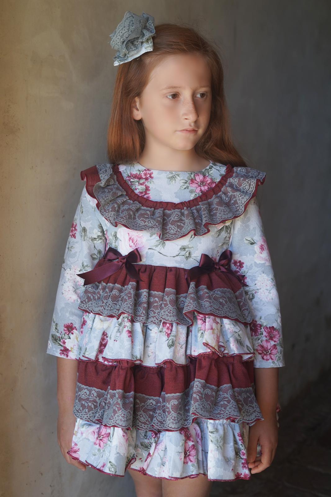 Ela Confeccion AW24 PRE-ORDER - Girls Blue & Burgundy Floral Print Dress - Mariposa Children's Boutique