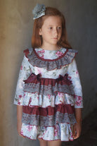 Ela Confeccion AW24 PRE-ORDER - Girls Blue & Burgundy Floral Print Dress - Mariposa Children's Boutique