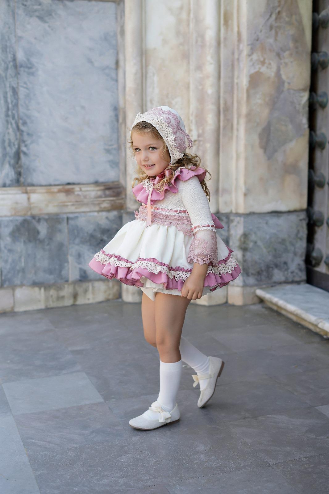 Ela Confeccion AW24 PRE-ORDER - Girls Cream and Pink Dress & Knickers - Mariposa Children's Boutique