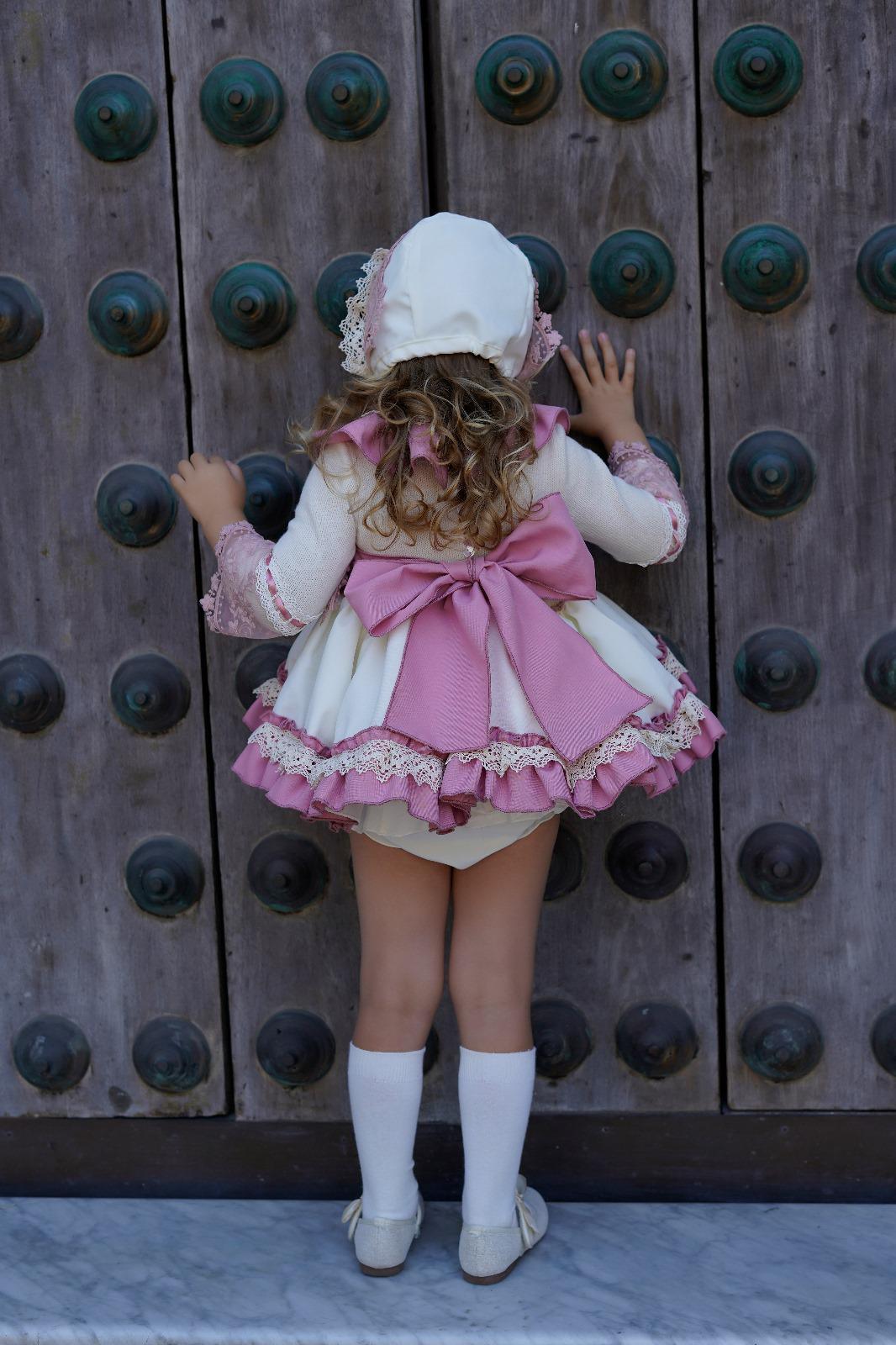 Ela Confeccion AW24 PRE-ORDER - Girls Cream and Pink Dress & Knickers - Mariposa Children's Boutique