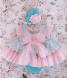 Ela Confeccion AW24 PRE-ORDER - Girls Cristal Dress, Knickers & Hat in Pink & Turquoise - Mariposa Children's Boutique