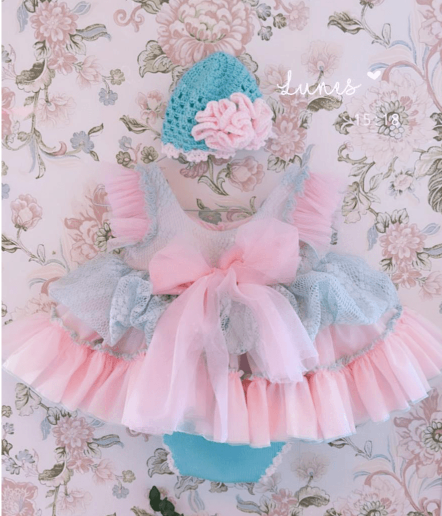 Ela Confeccion AW24 PRE-ORDER - Girls Cristal Dress, Knickers & Hat in Pink & Turquoise - Mariposa Children's Boutique