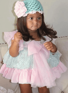 Ela Confeccion AW24 PRE-ORDER - Girls Cristal Dress, Knickers & Hat in Pink & Turquoise - Mariposa Children's Boutique