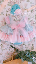 Ela Confeccion AW24 PRE-ORDER - Girls Cristal Dress, Knickers & Hat in Pink & Turquoise - Mariposa Children's Boutique