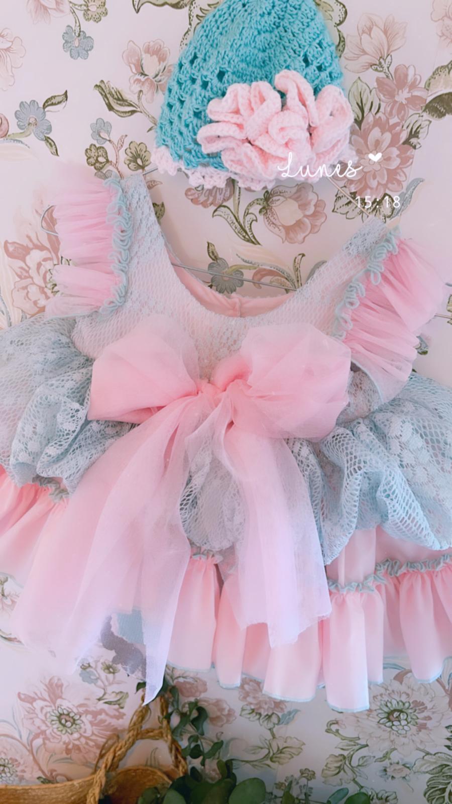 Ela Confeccion AW24 PRE-ORDER - Girls Cristal Dress, Knickers & Hat in Pink & Turquoise - Mariposa Children's Boutique