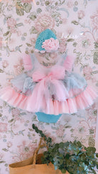 Ela Confeccion AW24 PRE-ORDER - Girls Cristal Dress, Knickers & Hat in Pink & Turquoise - Mariposa Children's Boutique