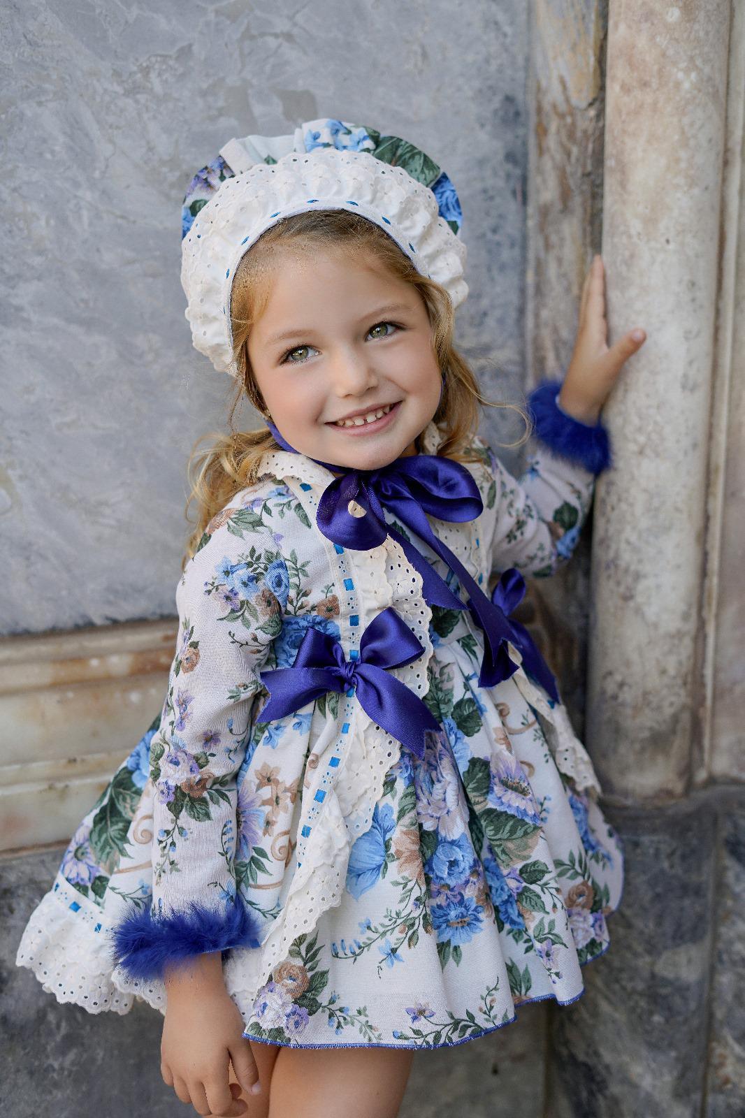 Ela Confeccion AW24 PRE-ORDER - Girls Floral Print Dress with Royal Blue Detail - Mariposa Children's Boutique