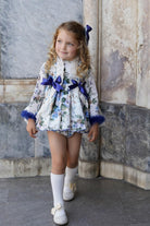 Ela Confeccion AW24 PRE-ORDER - Girls Floral Print Dress with Royal Blue Detail - Mariposa Children's Boutique