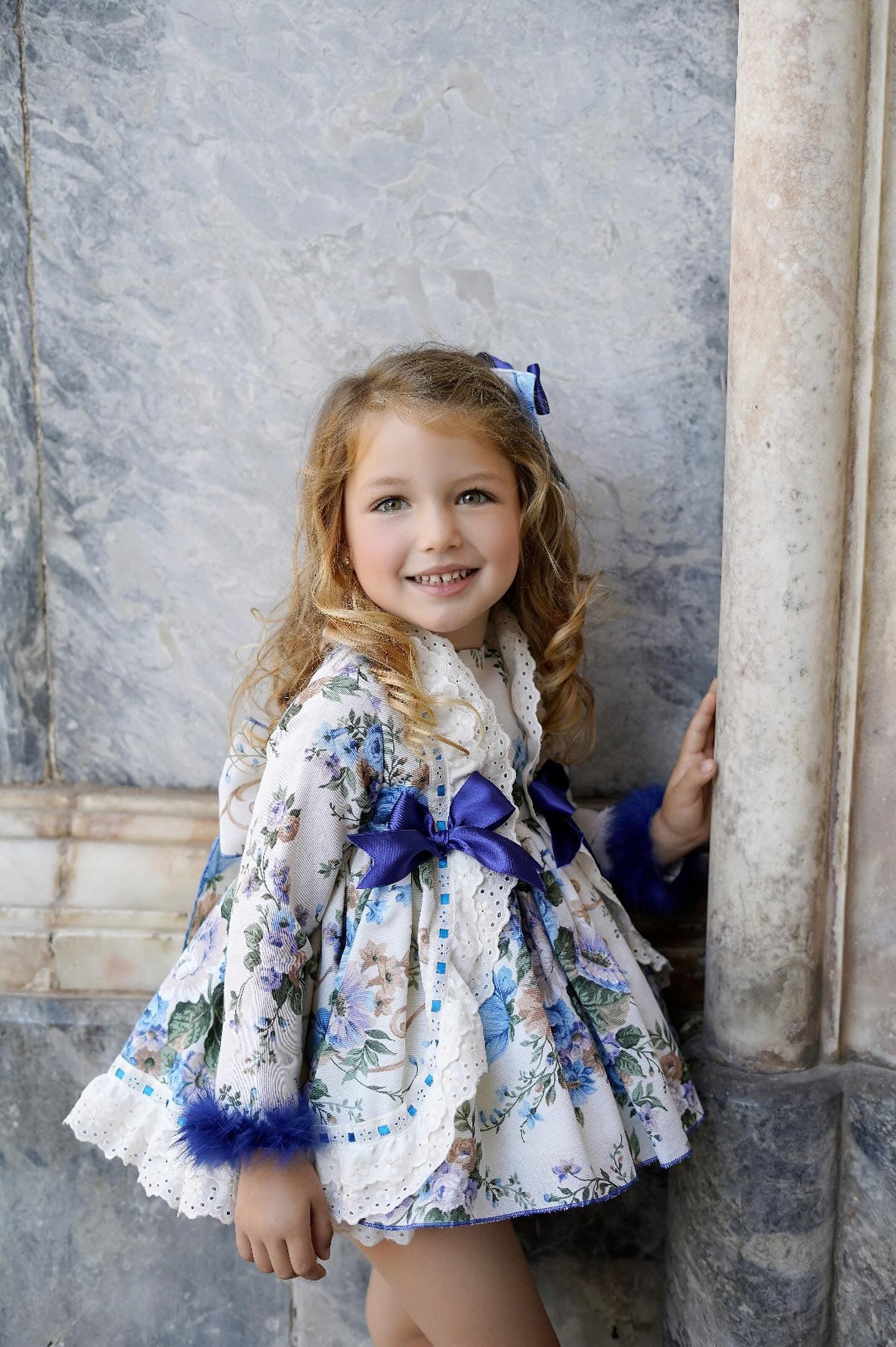 Ela Confeccion AW24 PRE-ORDER - Girls Floral Print Dress with Royal Blue Detail - Mariposa Children's Boutique