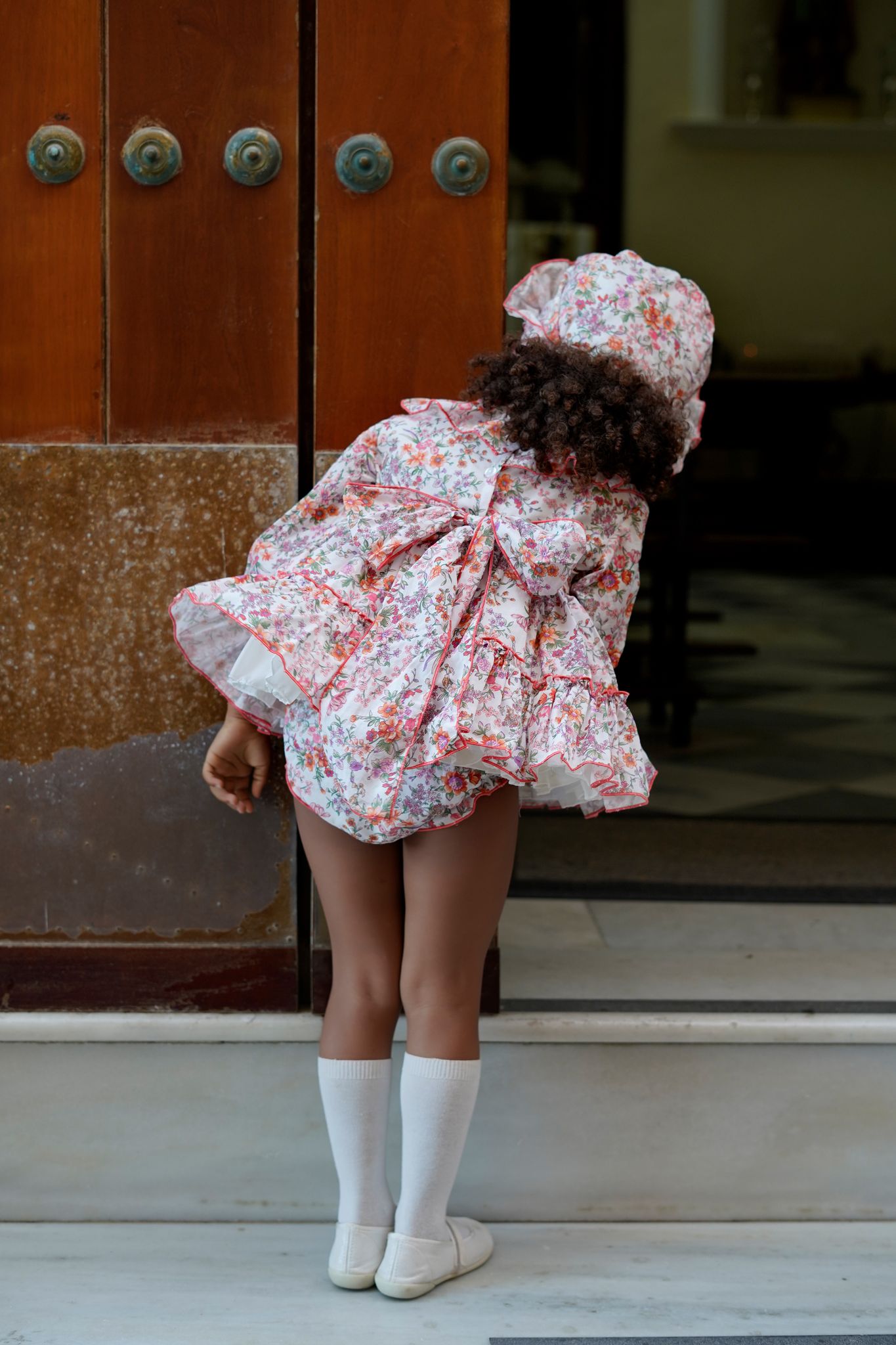 Ela Confeccion AW25 - Baby Girls Coral Coat with Matching Floral Dress & Bonnet