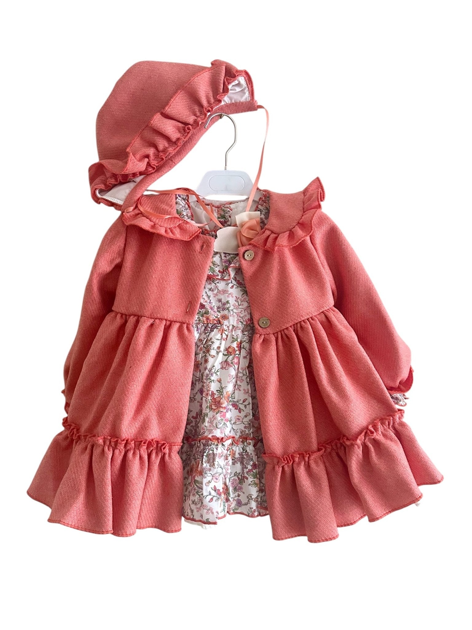 Ela Confeccion AW25 - Baby Girls Coral Coat with Matching Floral Dress & Bonnet