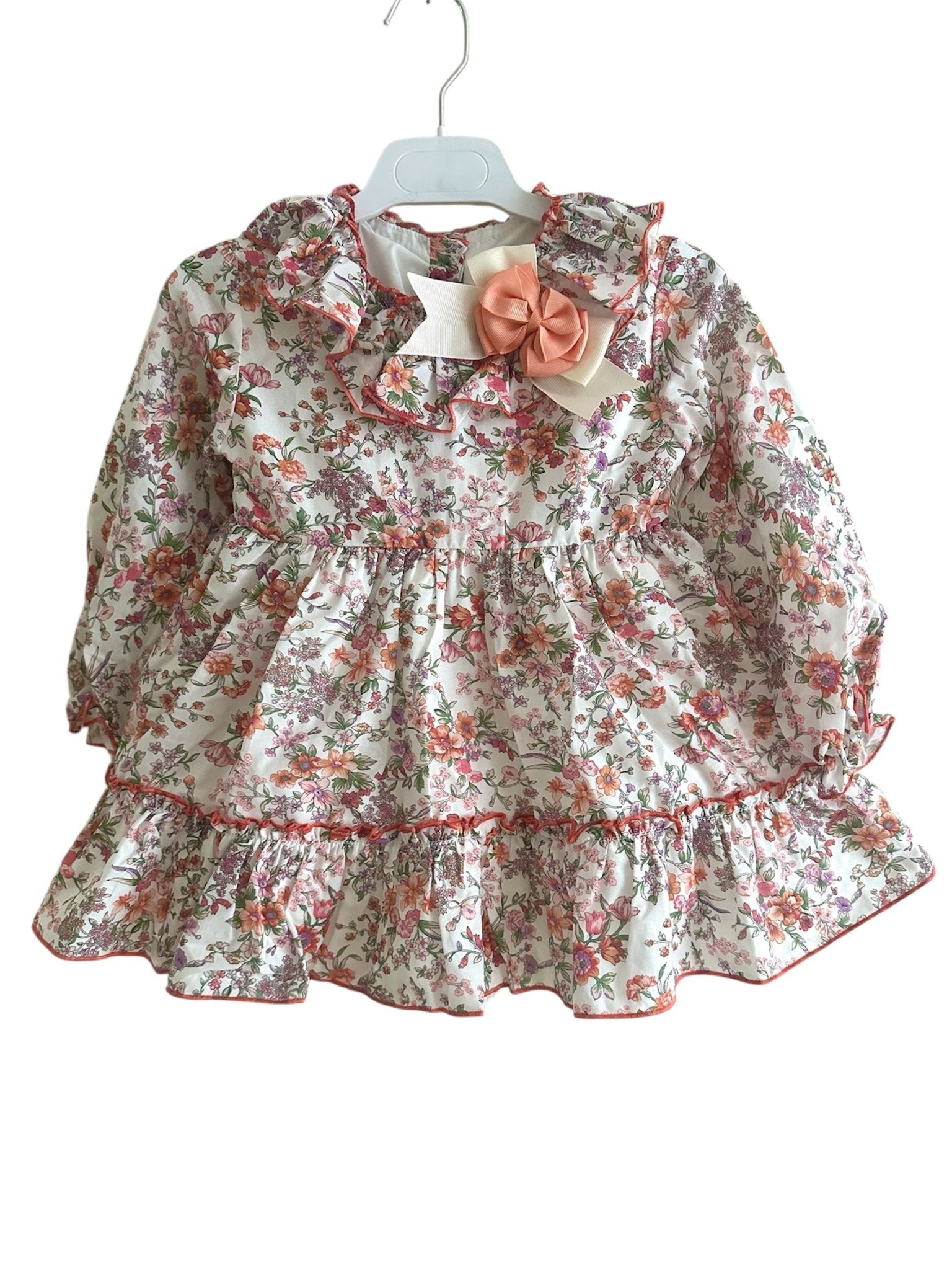 Ela Confeccion AW25 - Baby Girls Coral Coat with Matching Floral Dress & Bonnet