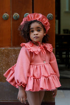Ela Confeccion AW25 - Baby Girls Coral Coat with Matching Floral Dress & Bonnet