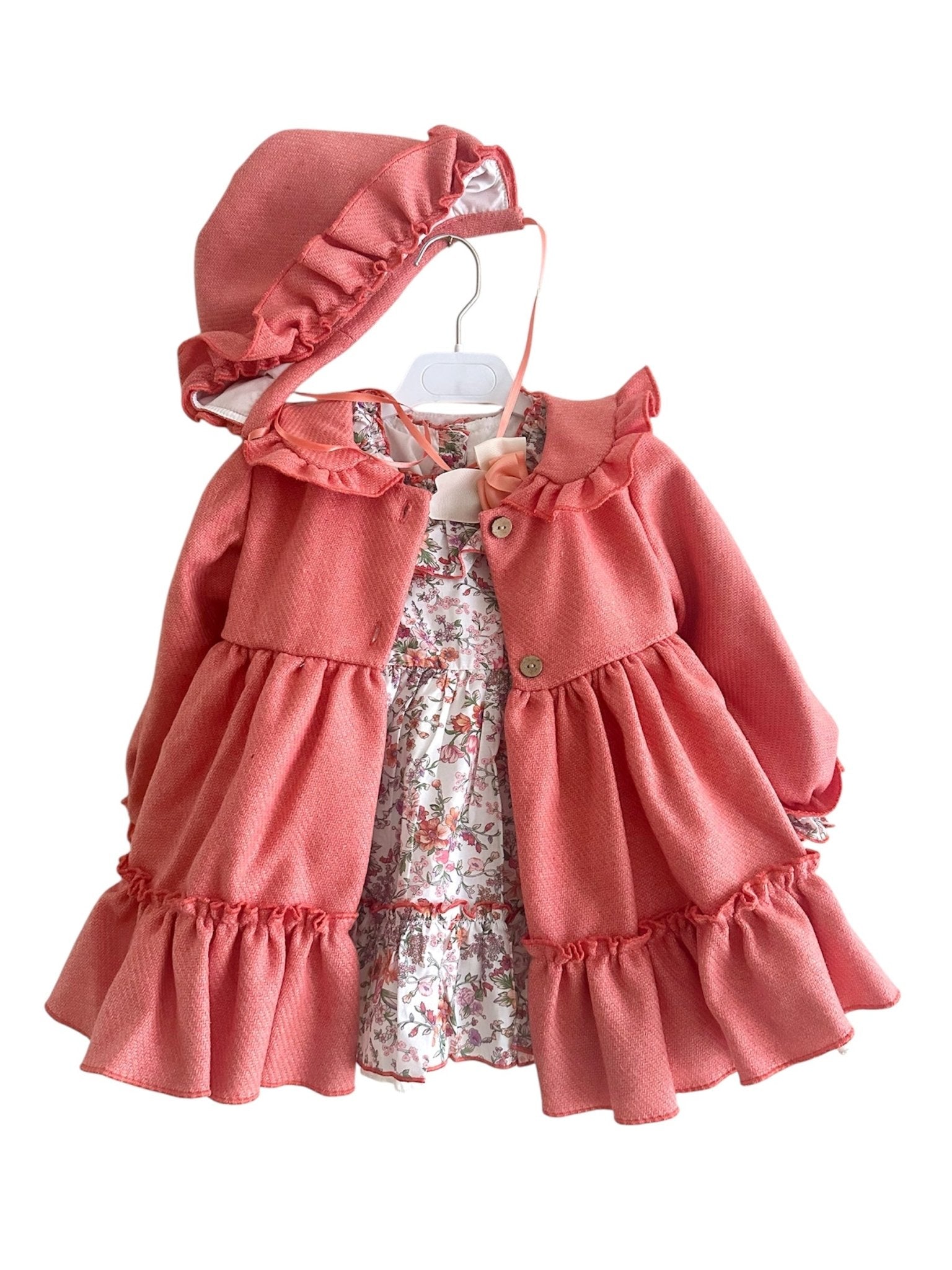Ela Confeccion AW25 - Baby Girls Coral Coat with Matching Floral Dress & Bonnet