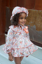 Ela Confeccion AW25 - Baby Girls Coral Coat with Matching Floral Dress & Bonnet