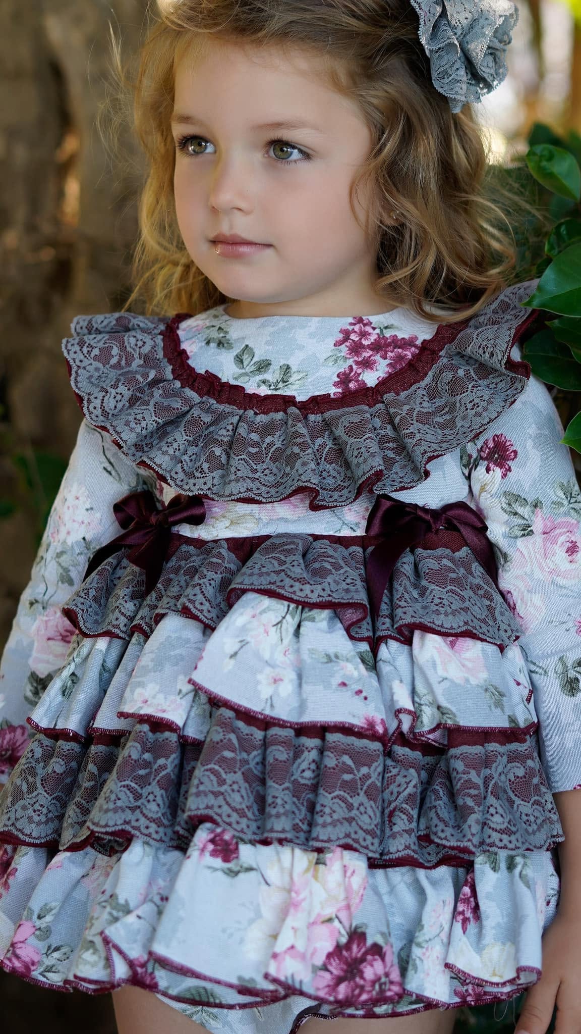 Ela Confeccion Baby Girls Grey & Burgundy Floral Dress & Knickers 18M | Last One