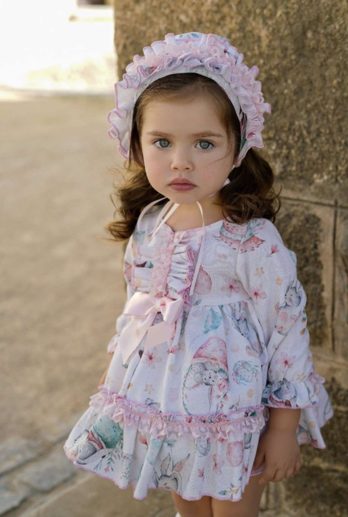 Ela Confeccion baby girls rabbit print Spanish dress with matching knickers and bonnet handmade in Spain