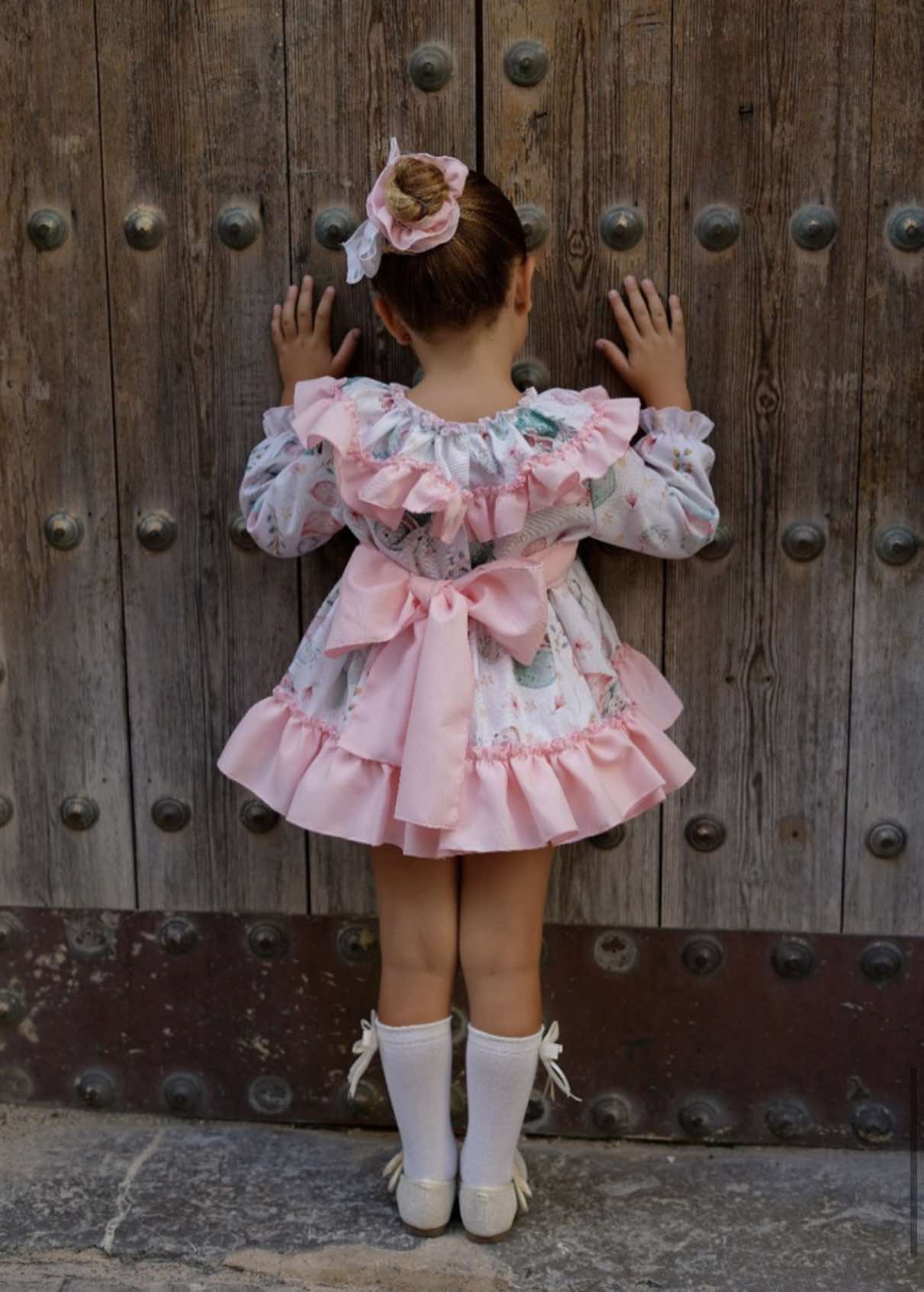 Ela Confeccion - Baby Girl's Rabbit Dress Set.  Back of dress showing bow design.  Made in Spain.