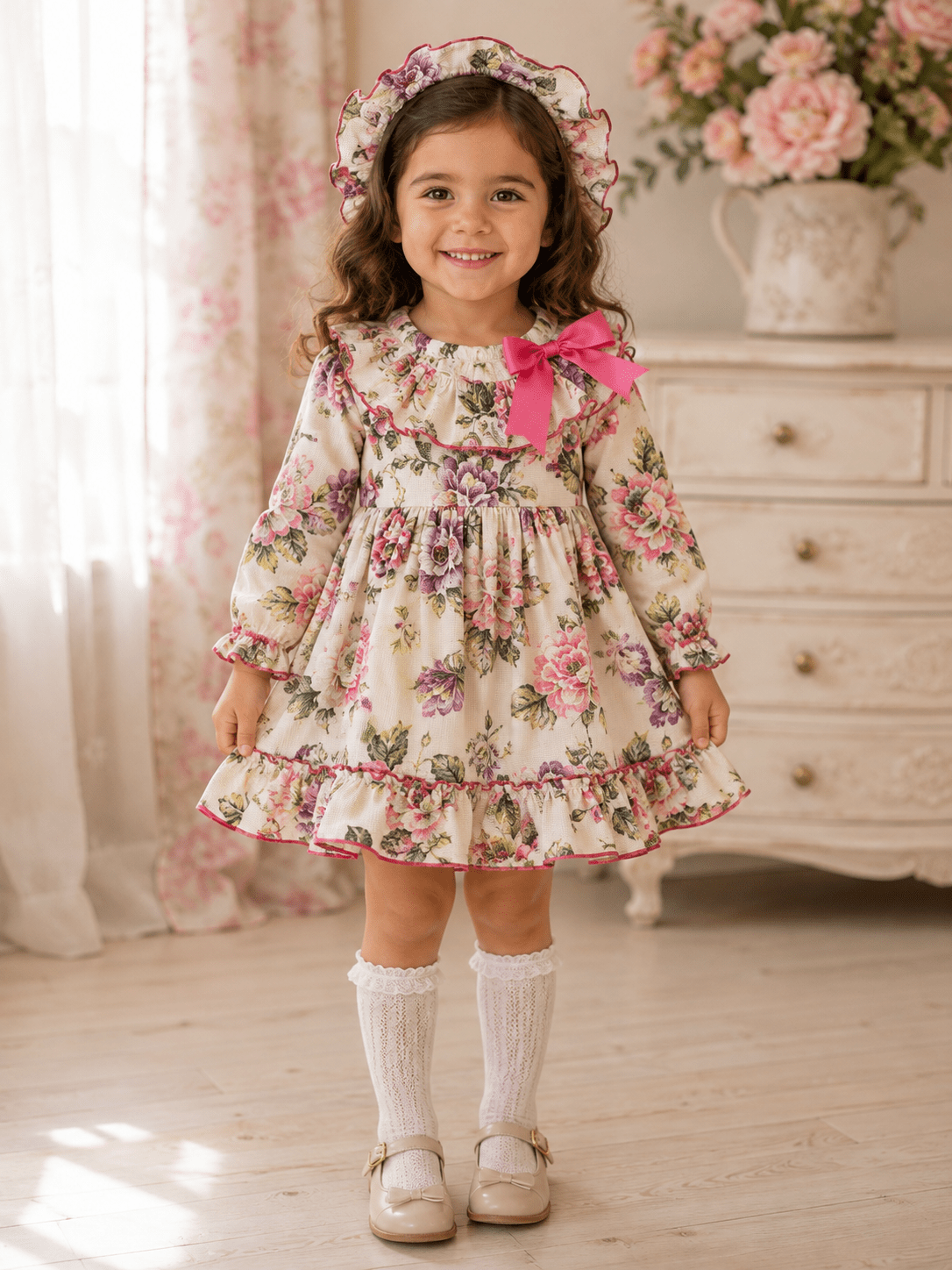 Ela Confeccion Girl's Floral Print Dress, Knickers and Bonnet 4yr | Clearance Sale