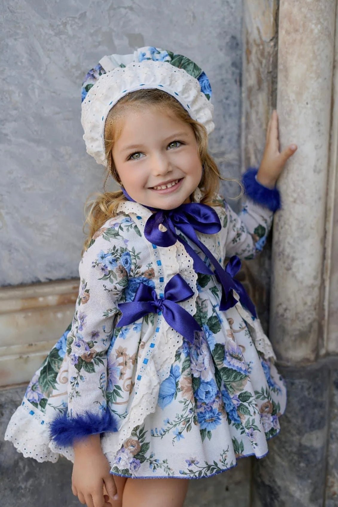 Ela Confeccion - Girls Penelope Royal Blue Floral Print Dress & Knickers