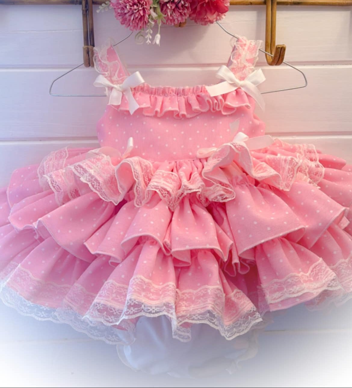 Ela Confeccion girls Spanish pink and cream puffball dress. 