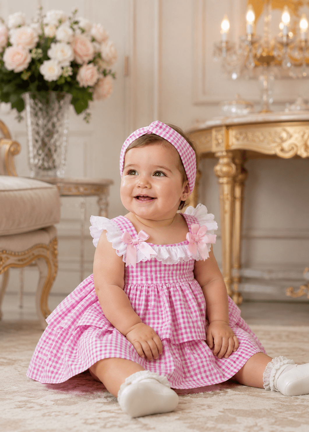 Ela Confeccion baby girls pink and white gingham Spanish dress with matching knickers and headpiece age 12 months