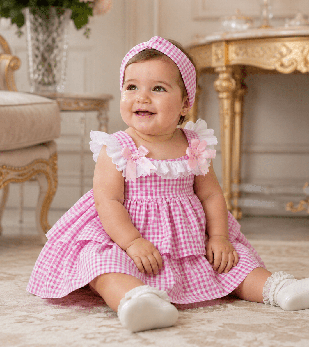 Ela Confeccion baby girls pink and white gingham Spanish dress with matching knickers and headpiece age 12 months