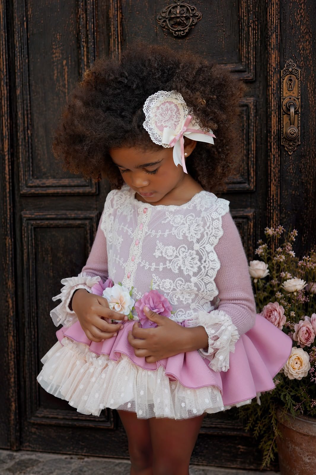 Ela Confeccion Girls Pink & Cream Lace Dress Set | AW26 PRE-ORDER