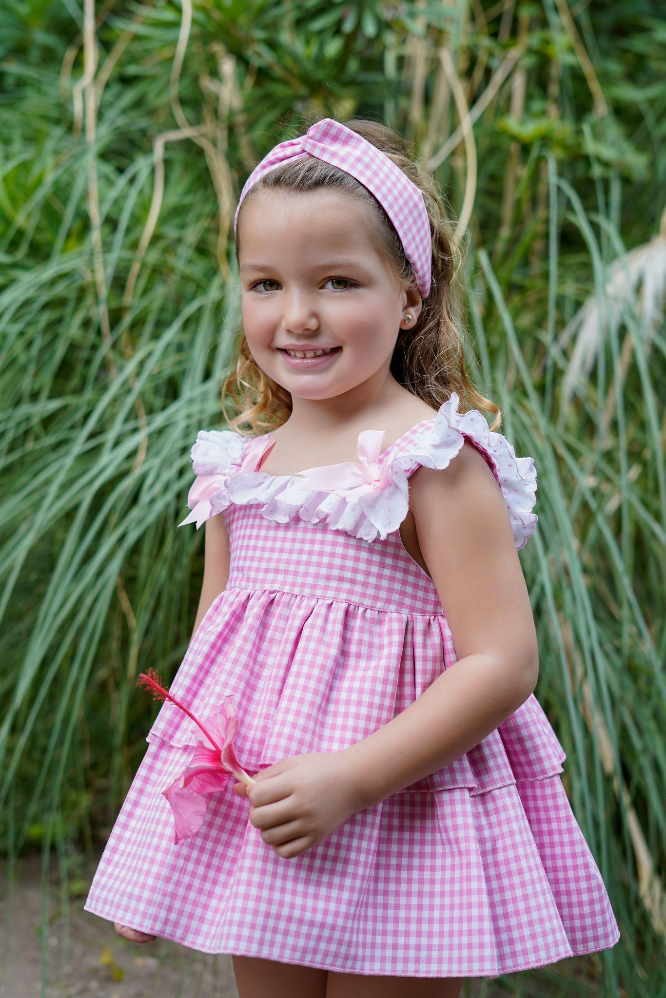 Ela Confeccion SS25 - Girls Pink and White Gingham Print Dress, Knickers and Headpiece 12m - Mariposa Children's Boutique
