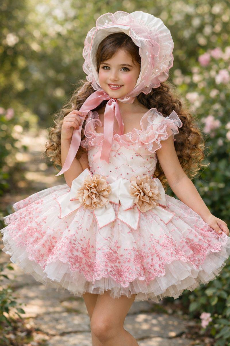 Ela Confeccion IN-STOCK Girls Pink & Ivory Lace Dress - SS26 Ela Confeccion IN-STOCK Girls Pink & Ivory Lace Dress - SS26