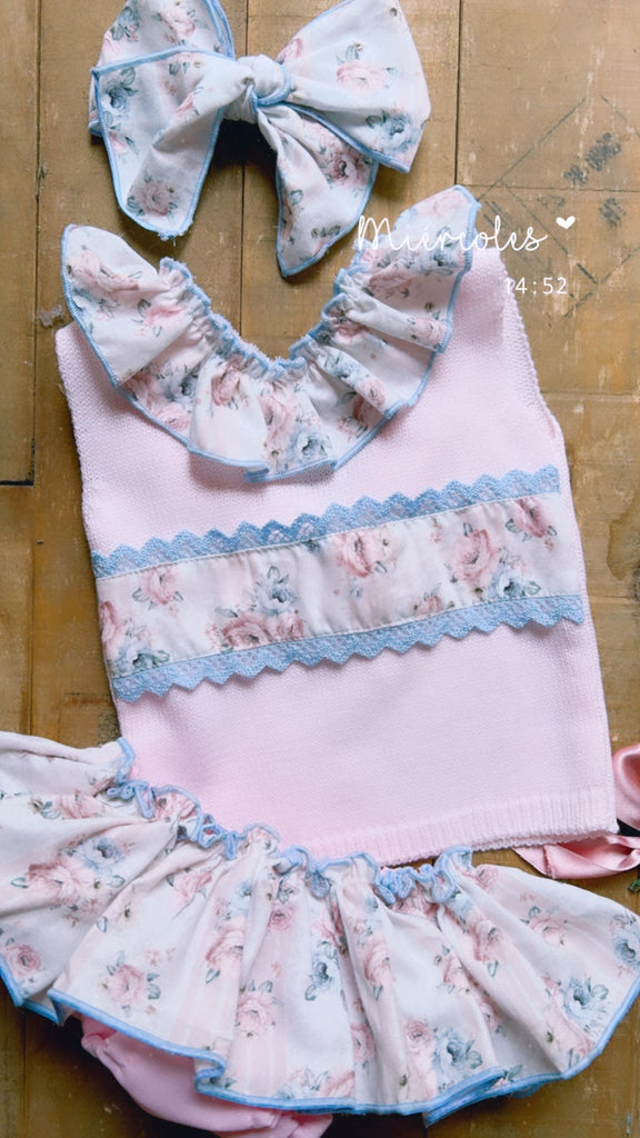 Ela SS24 PRE-ORDER - Girls Knitwear Pink & Blue Floral Print Set - Mariposa Children's Boutique