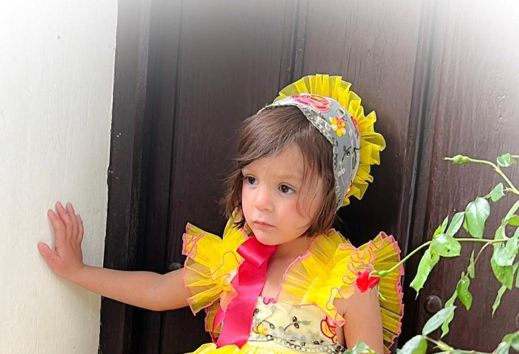 Ela SS24 PRE-ORDER - Girls Yellow & Pink Headpiece / Bonnet - Mariposa Children's Boutique
