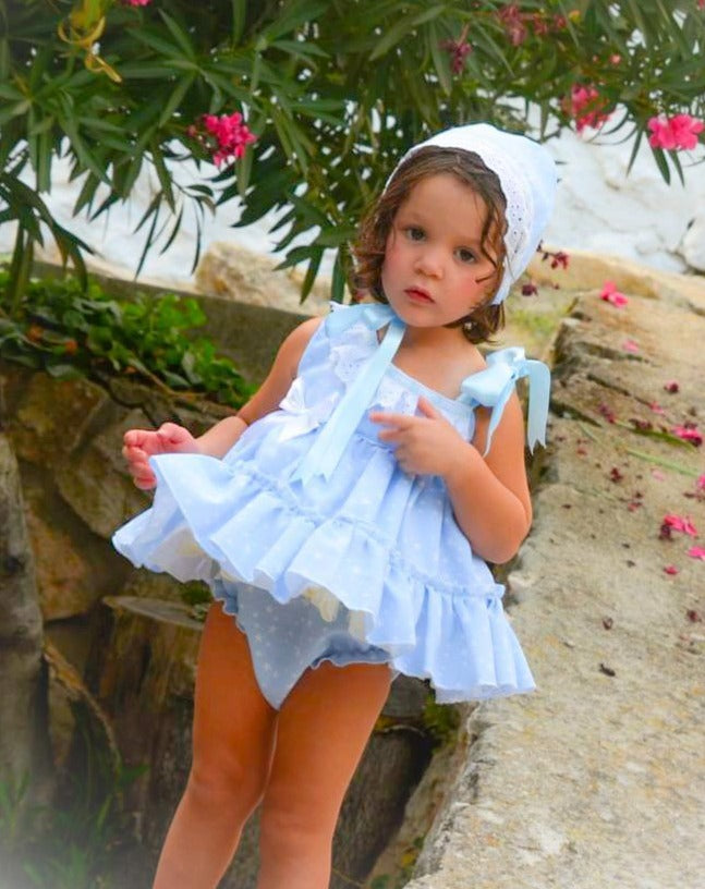 Ela SS24 PRE-ORDER Mini Collection - Girls Baby Blue & White Dress, Knickers & Hairpiece - Mariposa Children's Boutique