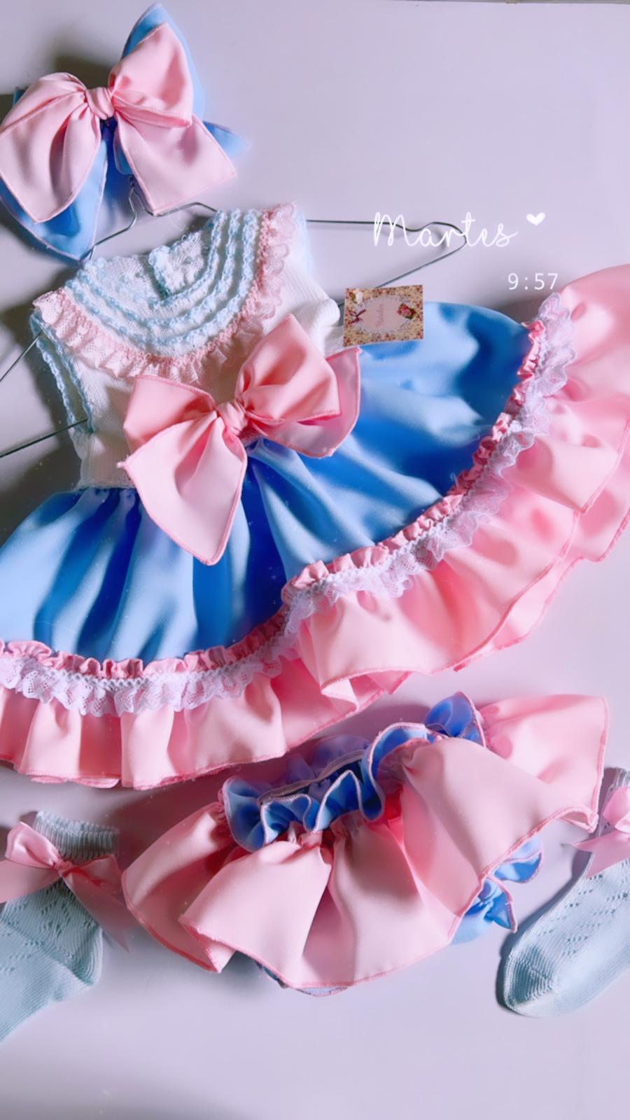 Ela SS24 PRE-ORDER Mini Collection - Girls Blue & Pink Dress, Knickers & Hairpiece - Mariposa Children's Boutique