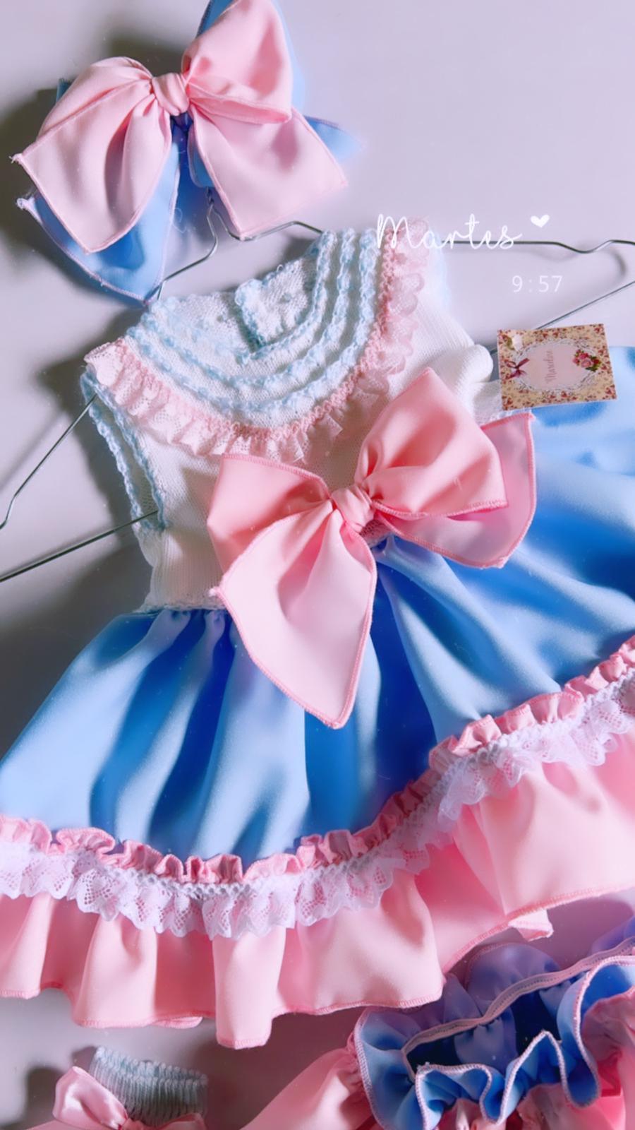 Ela SS24 PRE-ORDER Mini Collection - Girls Blue & Pink Dress, Knickers & Hairpiece - Mariposa Children's Boutique