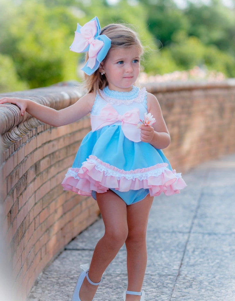 Ela SS24 PRE-ORDER Mini Collection - Girls Blue & Pink Dress, Knickers & Hairpiece - Mariposa Children's Boutique